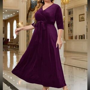 Plum Crushed Velvet Textured Long Dress 4X Wedding Guest